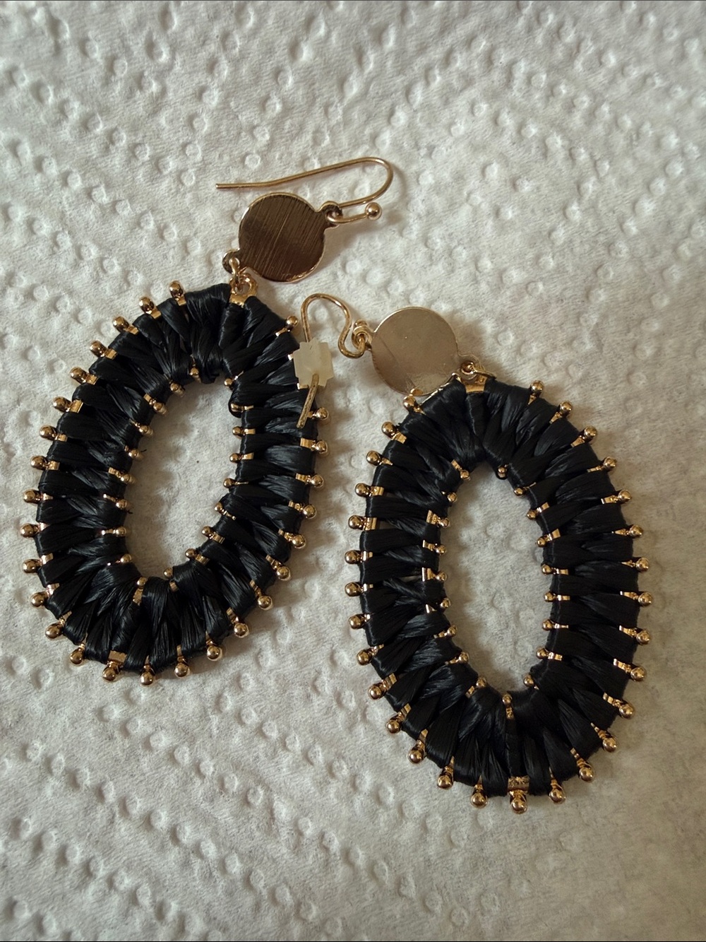 Gold & Black Woven Oval Drop Earrings - Women Jewelry